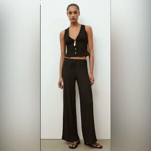 Zara Black Wide Leg Drawstring Pants High Rise Textured Lounge Palazzo Sz Large